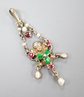 A 19th century Austro-Hungarian gilt white metal, paste and seed pearl set drop pendant, 43mm.